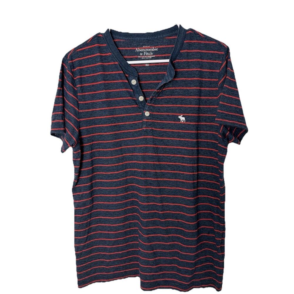 Abercrombie and Fitch Henley Shirt Mens Large Blue And Re Striped Muscle Preppy